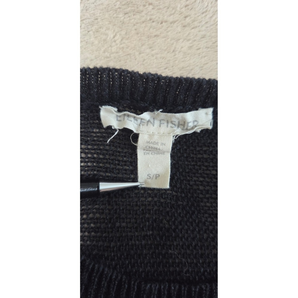 Eileen Fisher Knit Slub Bateau Neck Top Womens S Black Linen Cotton 3/4 Sleeves - Picture 2 of 9